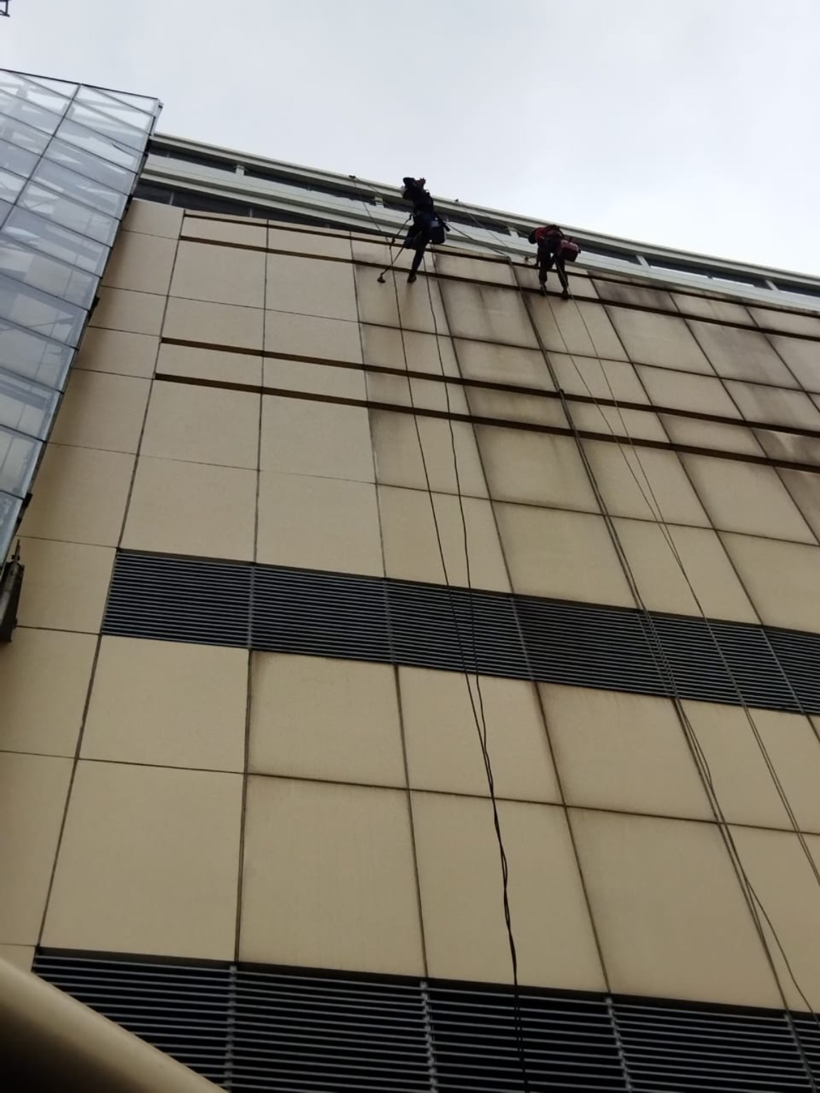 Teknisi rope access membersihkan façade